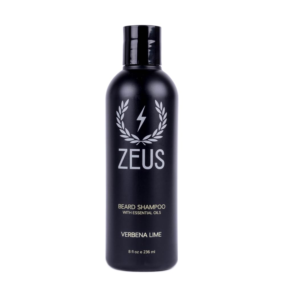 ZEUS Beard Shampoo bottle with Verbena Lime, front view, for daily cleansing and shine.