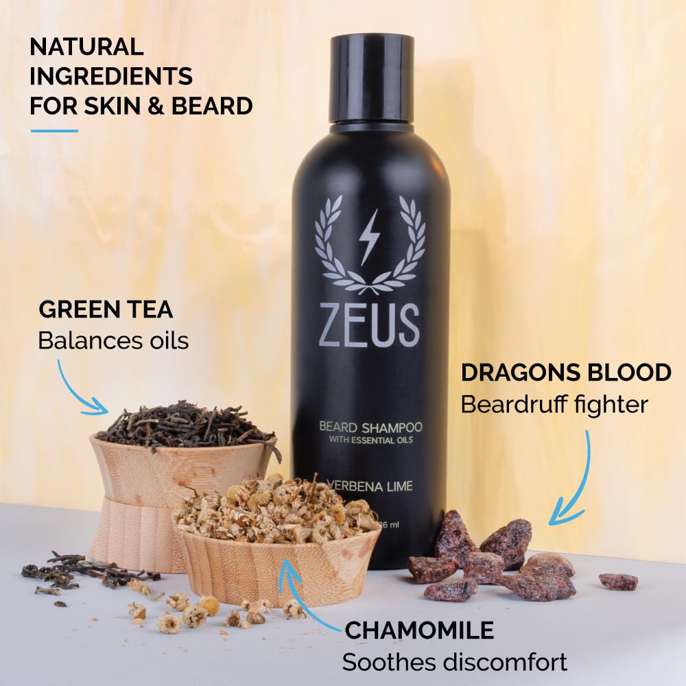 ZEUS Beard Shampoo bottle label shows natural ingredients for balanced skin and softer hair.