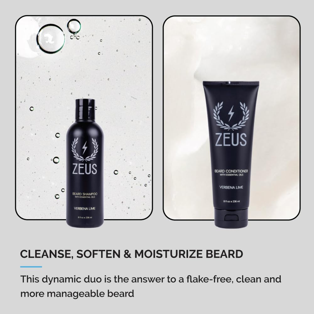 ZEUS beard wash set conditioner bottle highlighting jojoba oil for smoother beard