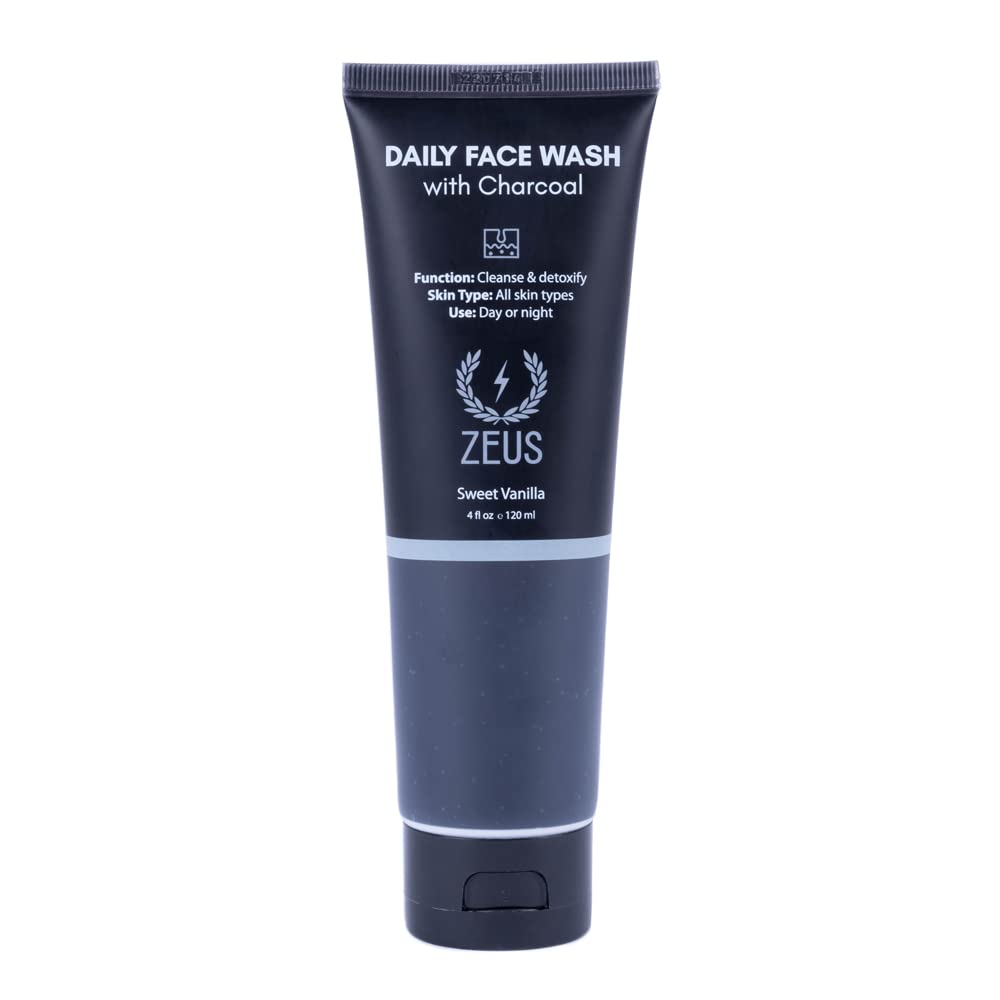 ZEUS Charcoal Face Wash bottle side view for daily cleansing and oil control