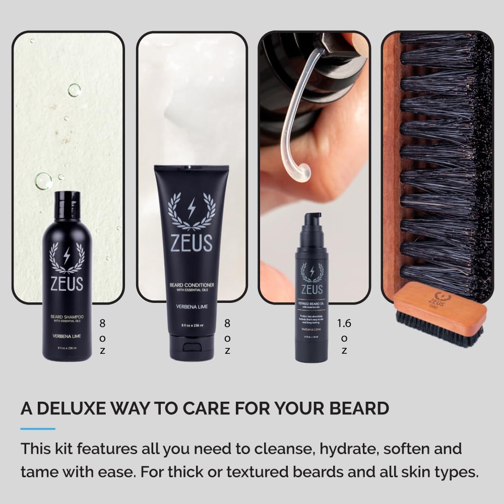 ZEUS Deluxe beard shampoo bottle with green tea and botanicals for cleansing.