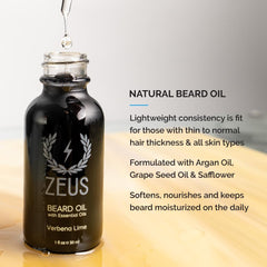 ZEUS Beard Oil bottle hydrating skin and softening beard