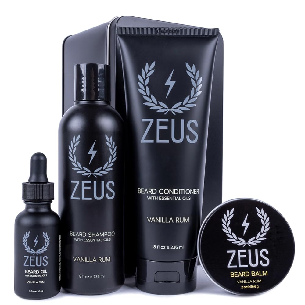ZEUS Everyday Beard Kit front view with Vanilla Rum gift tin for premium grooming