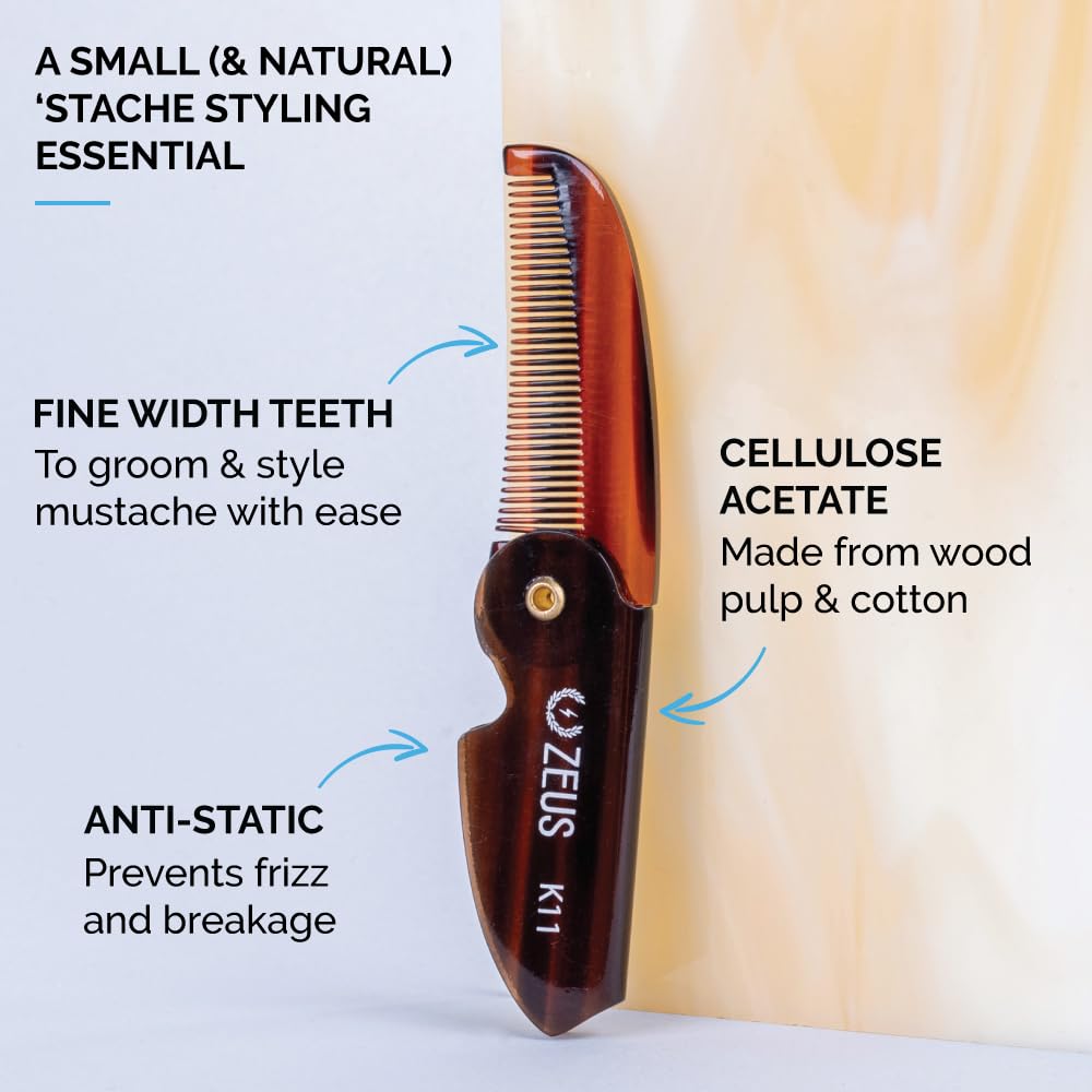 ZEUS folding-mustache-comb closed, pocket-sized travel companion for quick touch-ups.