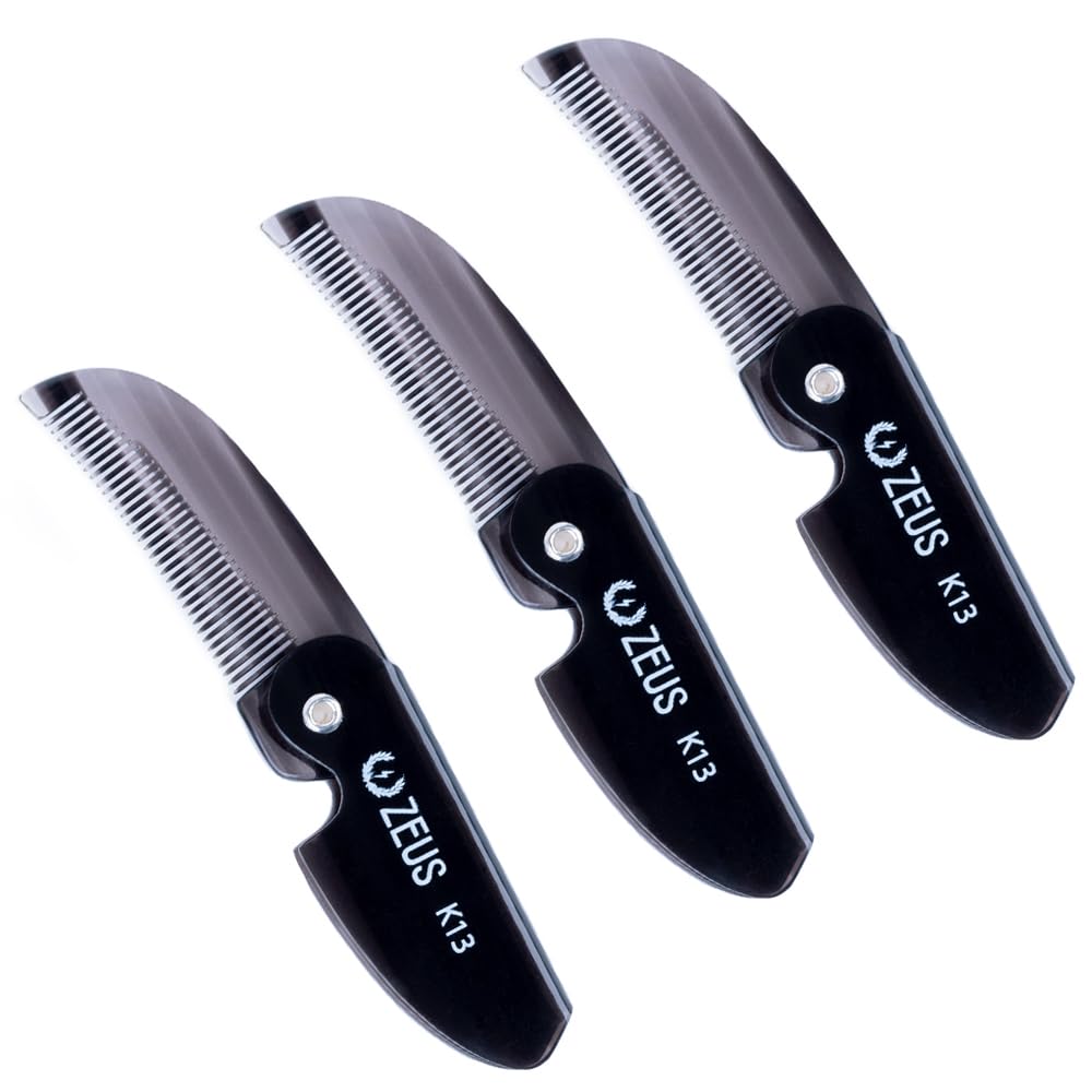 ZEUS folding-mustache-comb open with fine teeth for precise on-the-go grooming.