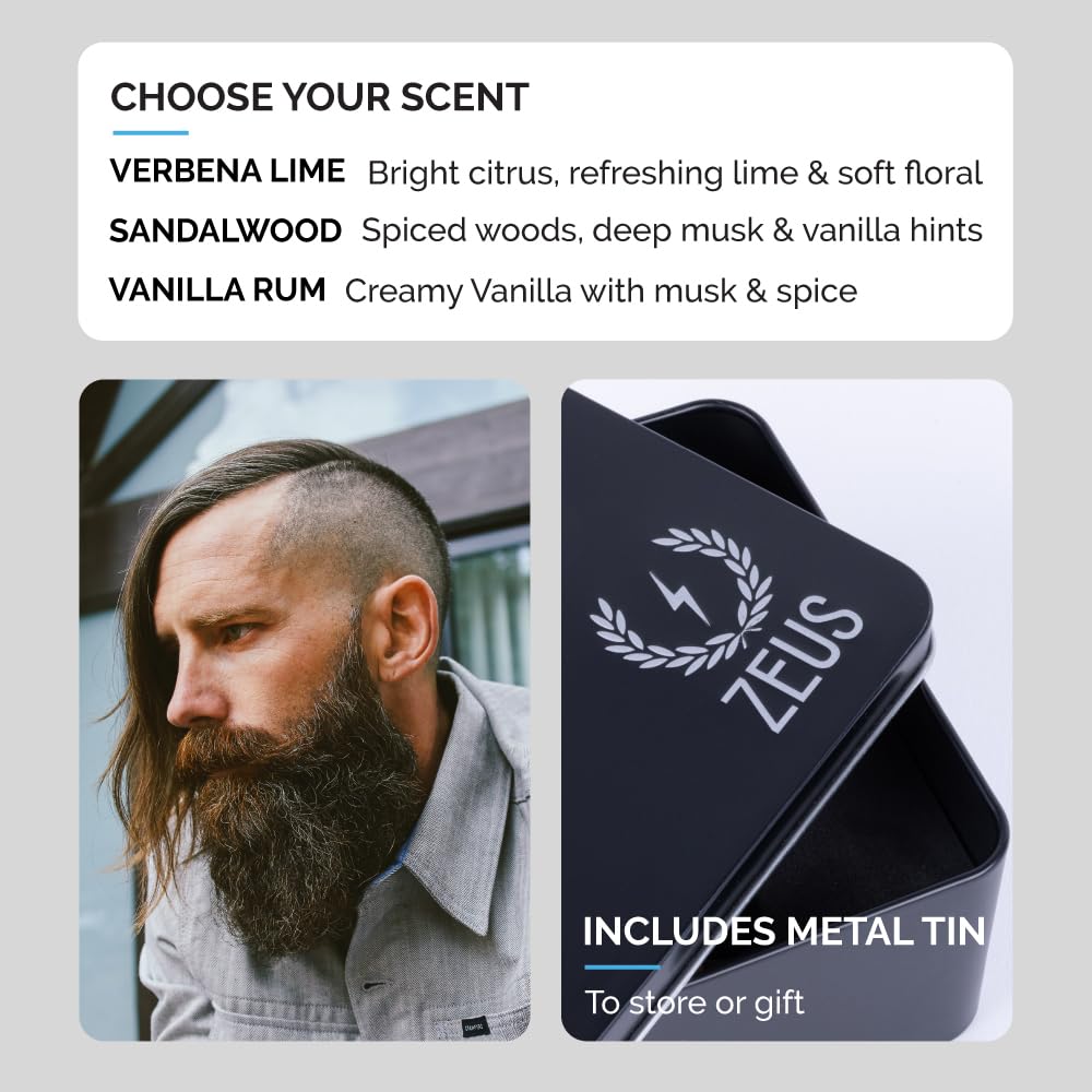 ZEUS Gift Tin display highlighting the complete beard care set