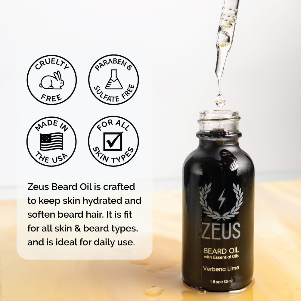 ZEUS natural beard oil ingredients graphic showcases grapeseed, safflower, argan, vitamin E