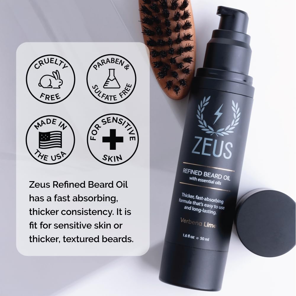 ZEUS Refined Beard Oil droplet on beard hair close-up