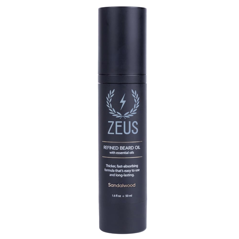 ZEUS Refined Beard Oil bottle front in matte black packaging for daily beard conditioning.
