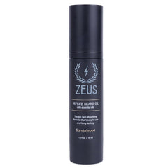 ZEUS Refined Beard Oil bottle front in matte black packaging for daily beard conditioning.