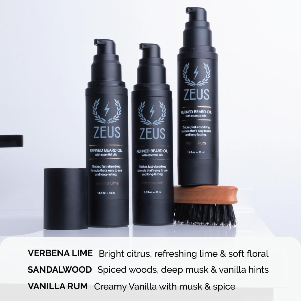 ZEUS Refined Beard Oil made in USA packaging beside grooming setup.