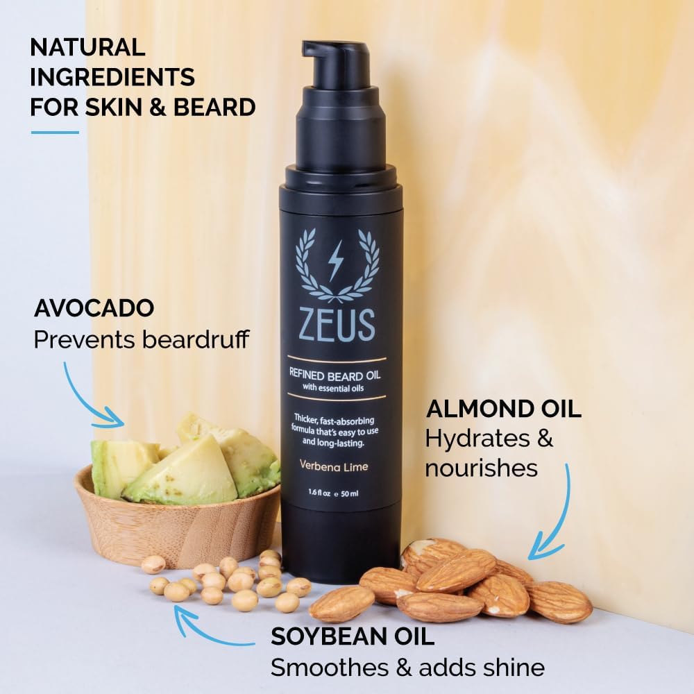 ZEUS Refined Beard Oil packaging close-up showing matte black finish