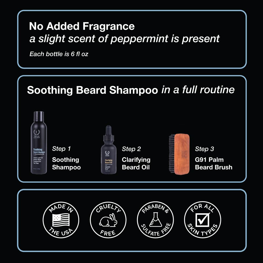 ZEUS Soothing Beard Shampoo after-use leaves beard soft and skin comfortable.