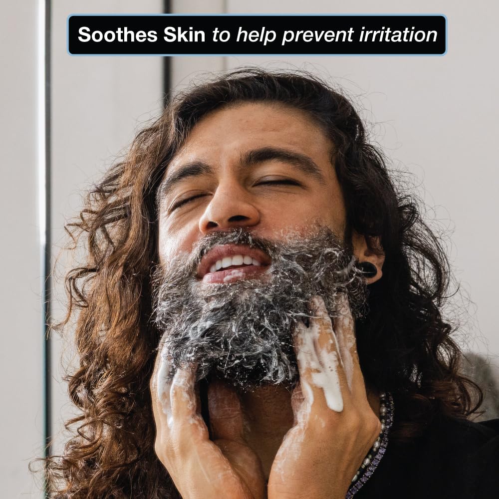 ZEUS Soothing Beard Shampoo application on a damp beard shows a gentle wash.
