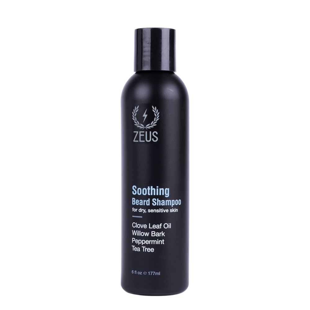ZEUS Soothing Beard Shampoo bottle closeup for a calm, flake-free beard.