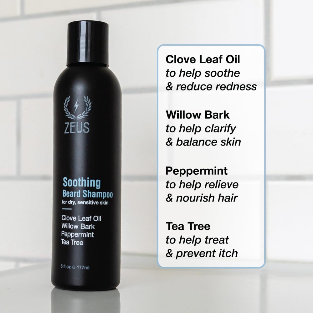 ZEUS Soothing Beard Shampoo lather demonstrates a cooling cleanse for irritated skin.