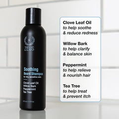 ZEUS Soothing Beard Shampoo lather demonstrates a cooling cleanse for irritated skin.