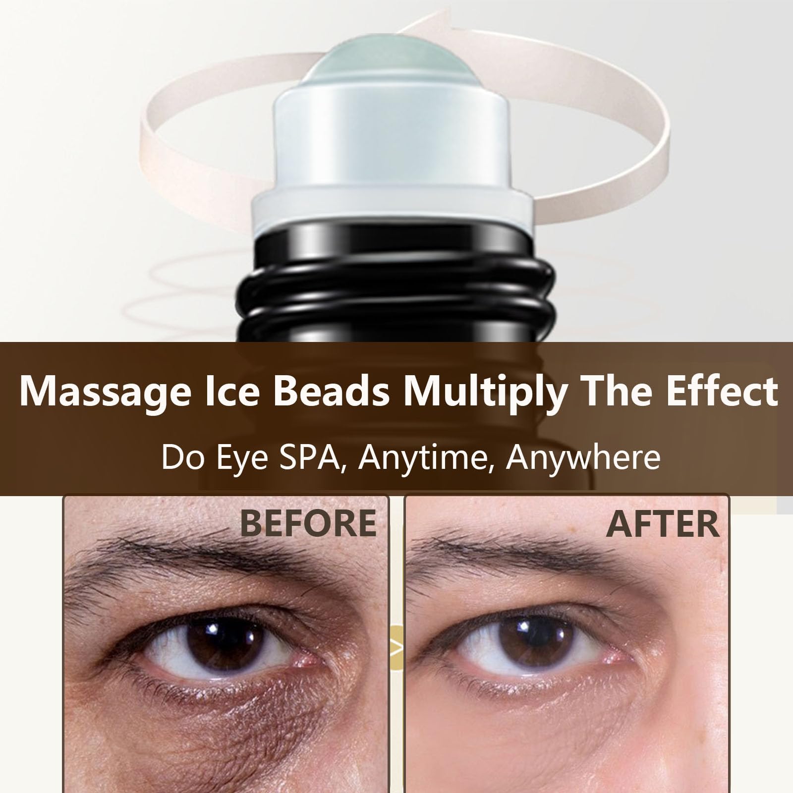 Zevorify Cooling roller in action soothing delicate under-eye skin to reduce puffiness.