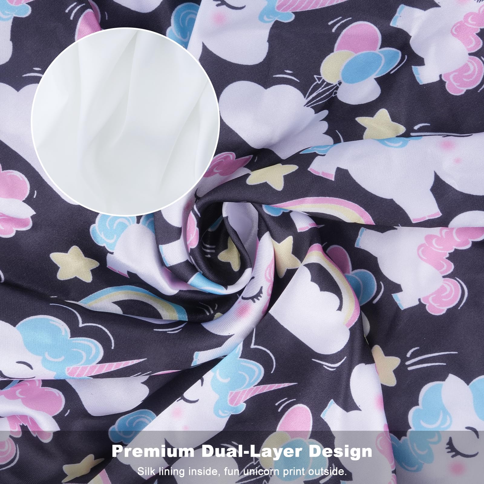 ZHENSILK Kids satin bonnet stays in place all night.