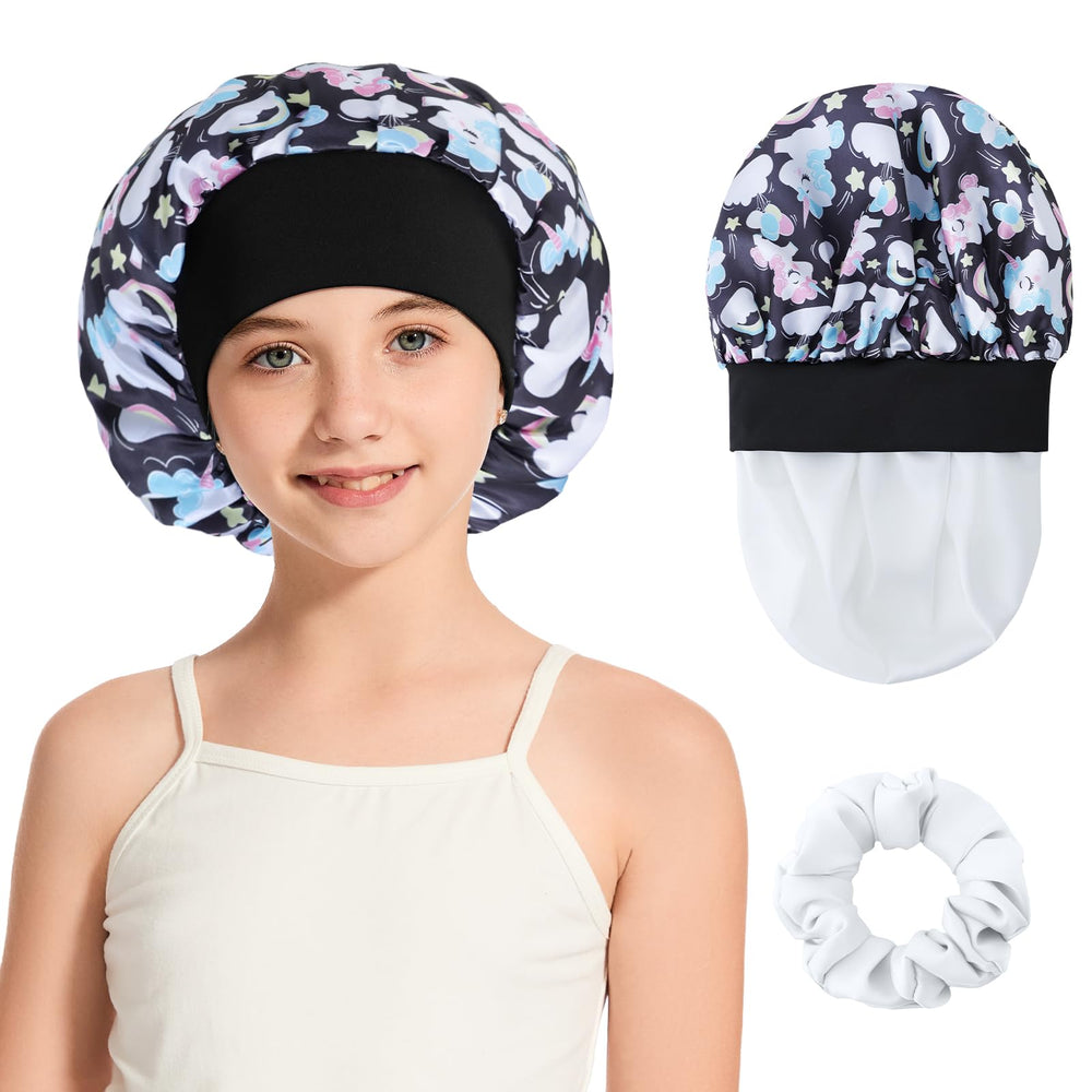 ZHENSILK Kids satin bonnet with unicorn design protects curls overnight.