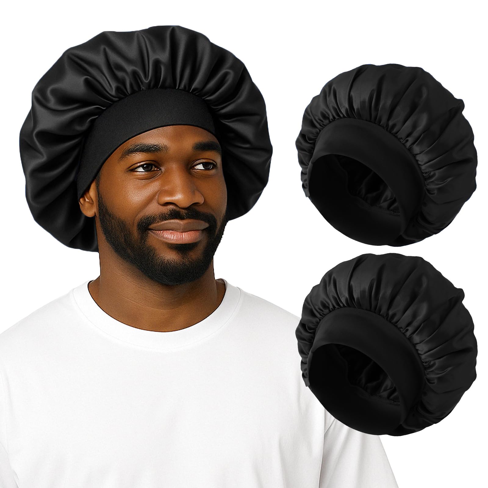 ZHENSILK silk satin bonnet for men in black resting on pillow to protect hair overnight