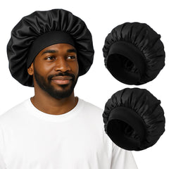 ZHENSILK silk satin bonnet for men in black resting on pillow to protect hair overnight