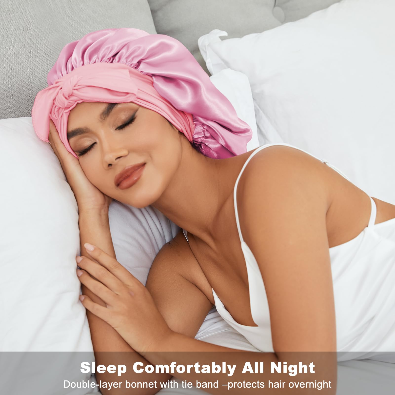 ZHENSILK bonnet features stretchy tie design for versatile styling options.
