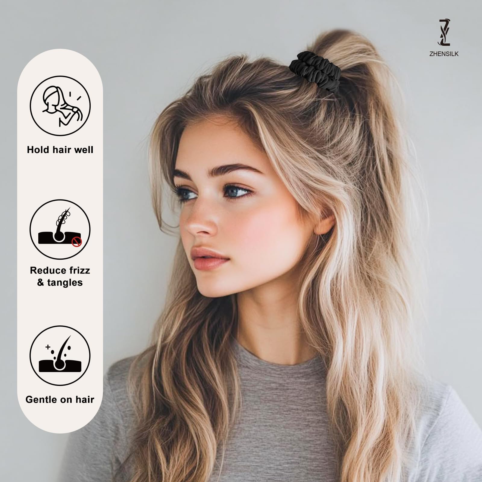 ZHENSILK versatile silk scrunchies elevate casual or dressy looks.