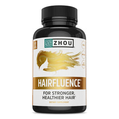 ZHOU Hairfluence capsules in bottle, supporting healthy hair from within.