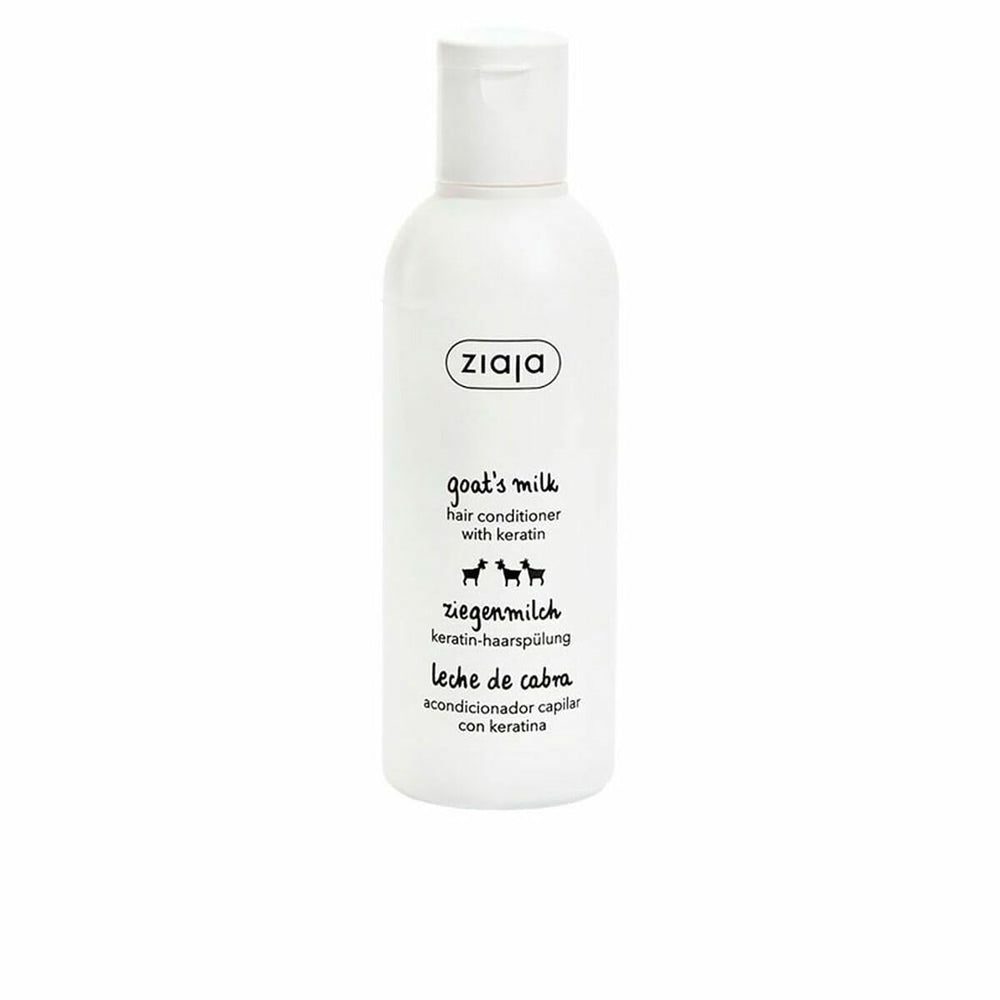 Ziaja Goat Milk Strengthening Conditioner bottle close-up, smoother hair emphasis
