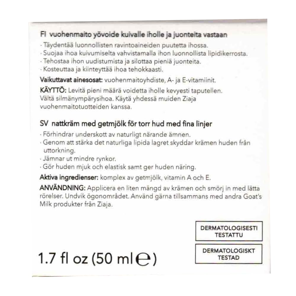 Ziaja Goat's Milk Night Cream packaging label signals paraben-free cruelty-free care