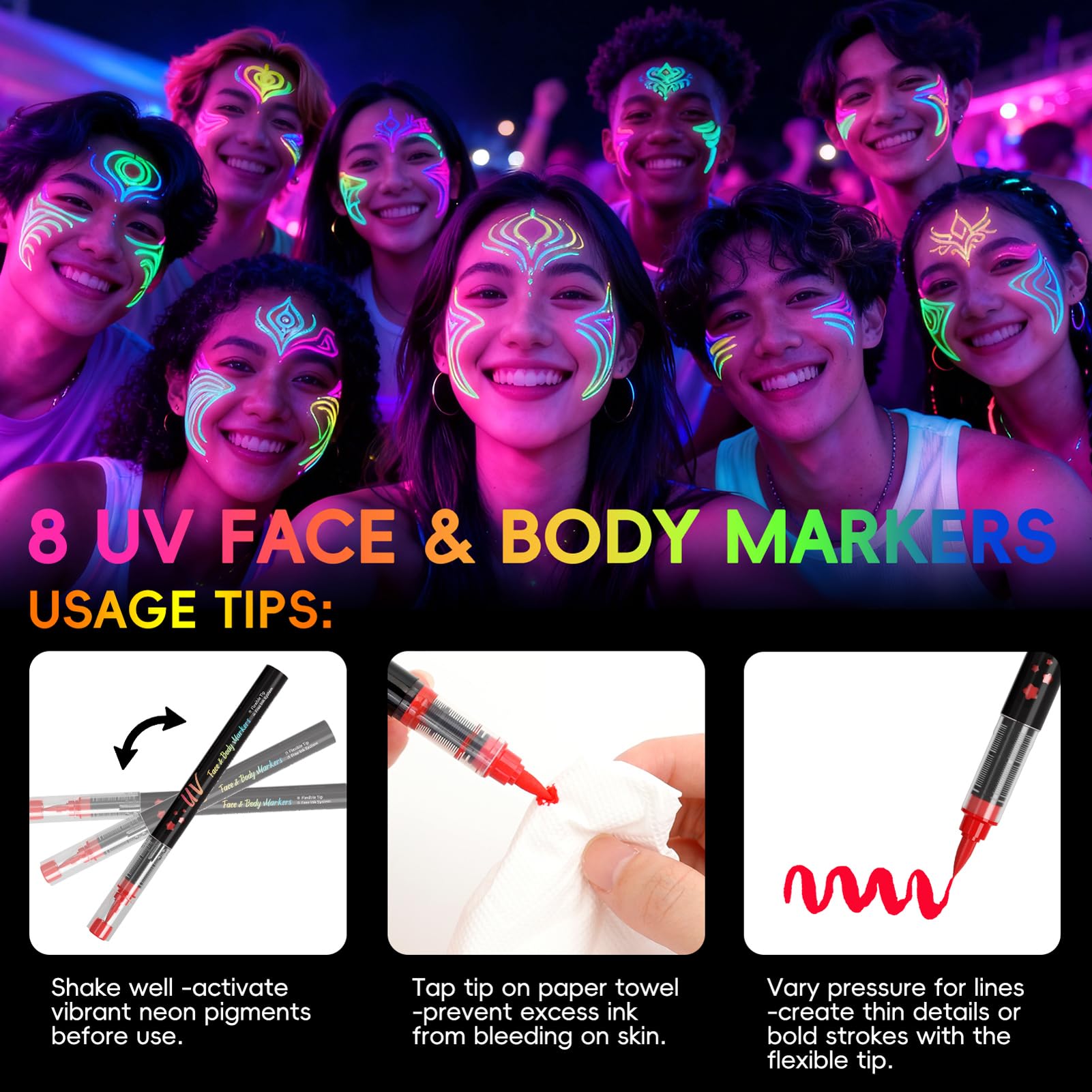 zijimyyl neon yellow face paint marker eye-catching festival makeup under UV.