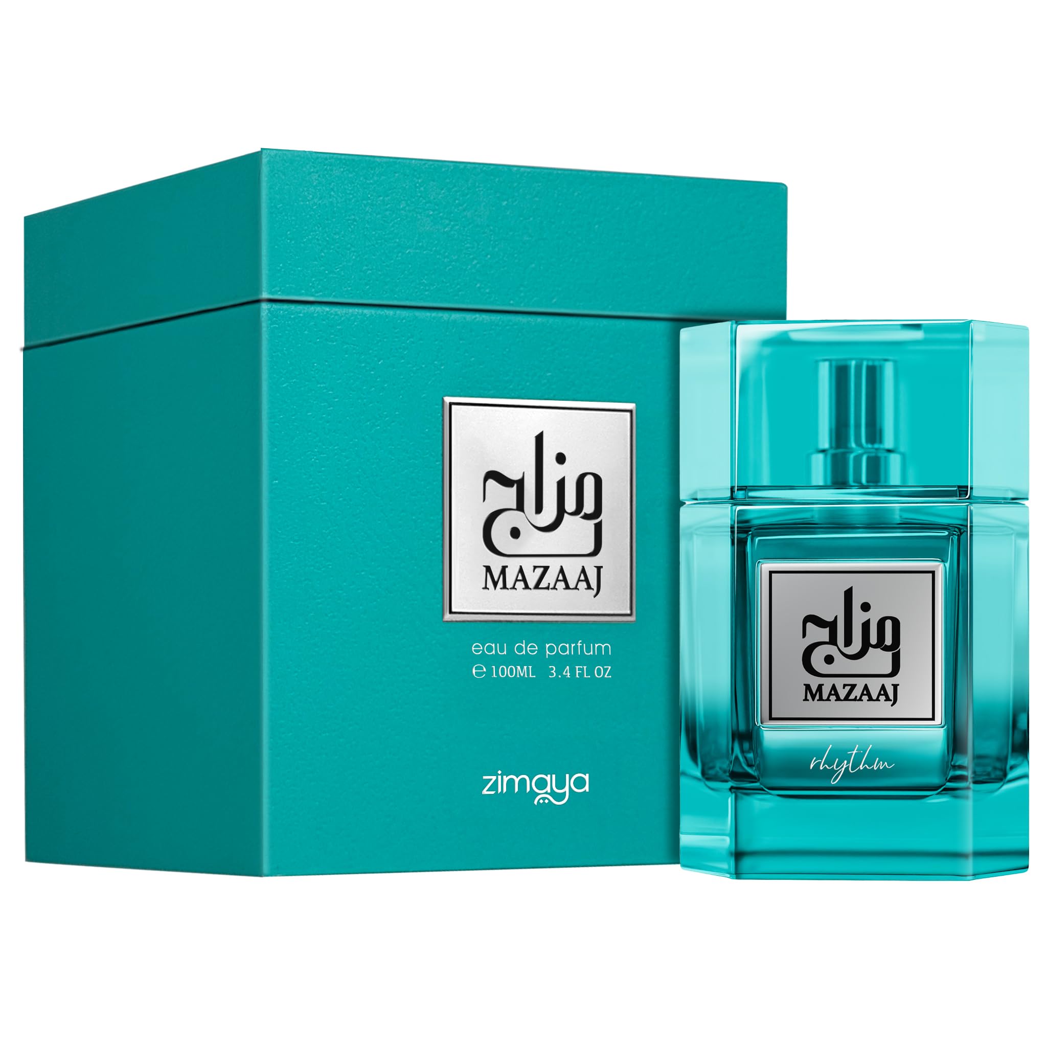 Zimaya Mazaaj Rhythm bottle closeup highlights refined glass and the scent's fresh opening.