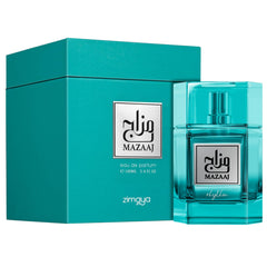 Zimaya Mazaaj Rhythm bottle closeup highlights refined glass and the scent's fresh opening.