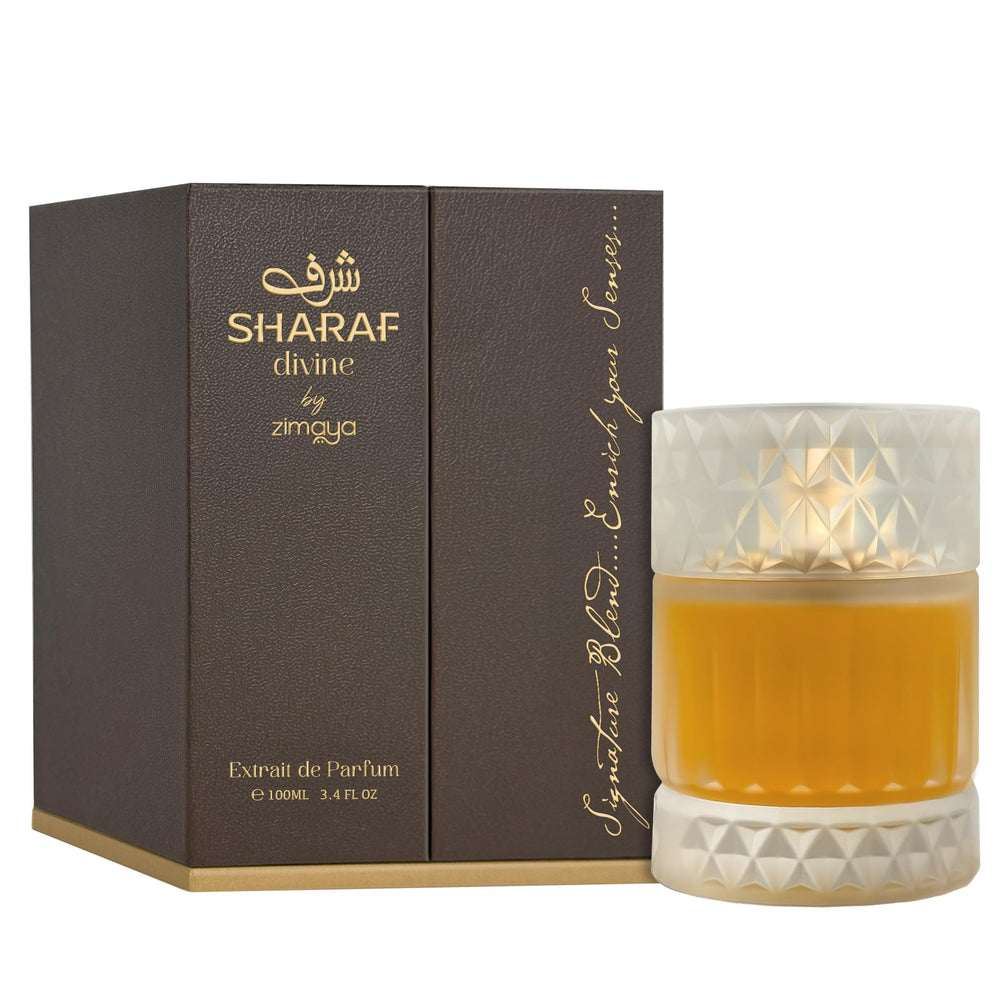 Zimaya Sharaf Divine bottle close-up highlights ambered wood tones for sophistication.