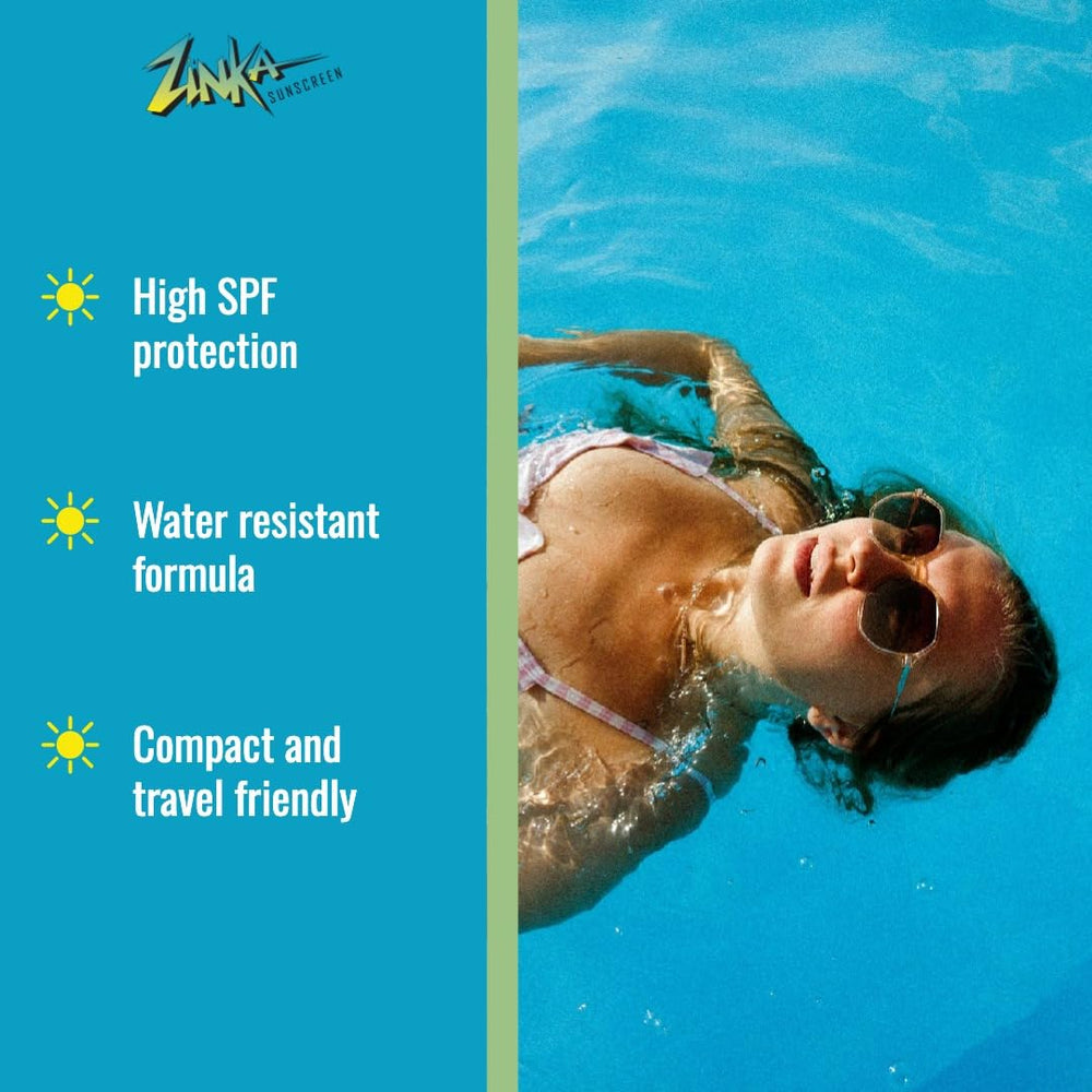Zinka sunscreen stick demonstrates water-resistant shield up to 80 minutes.