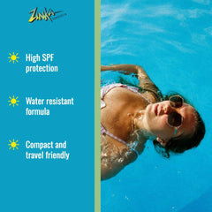 Zinka sunscreen stick demonstrates water-resistant shield up to 80 minutes.