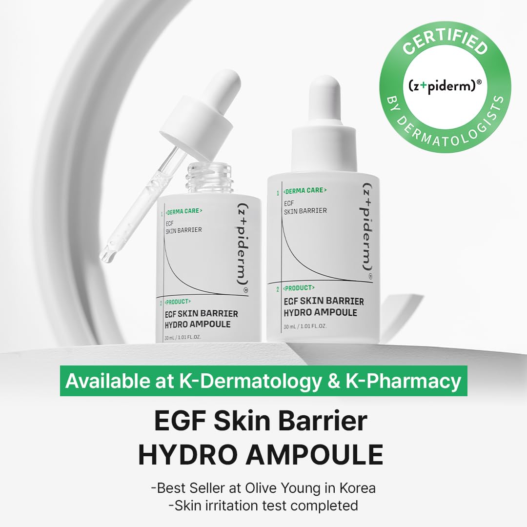 Zipiderm EGF ampoule dropper close-up highlights quick absorption and refreshing finish.