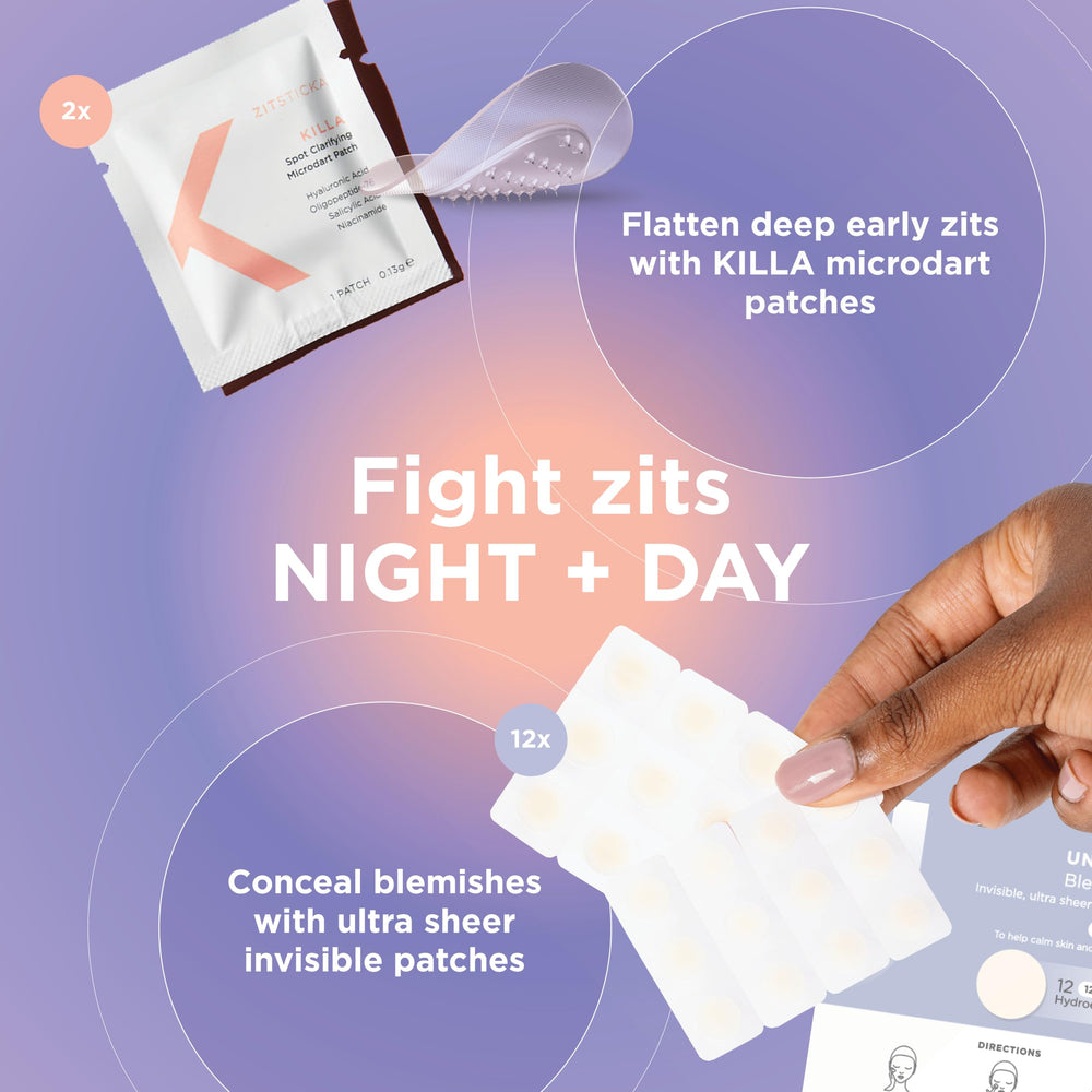 ZitSticka 24-7 Attack Bundle packaging showcases a complete blemish care system for day and night.