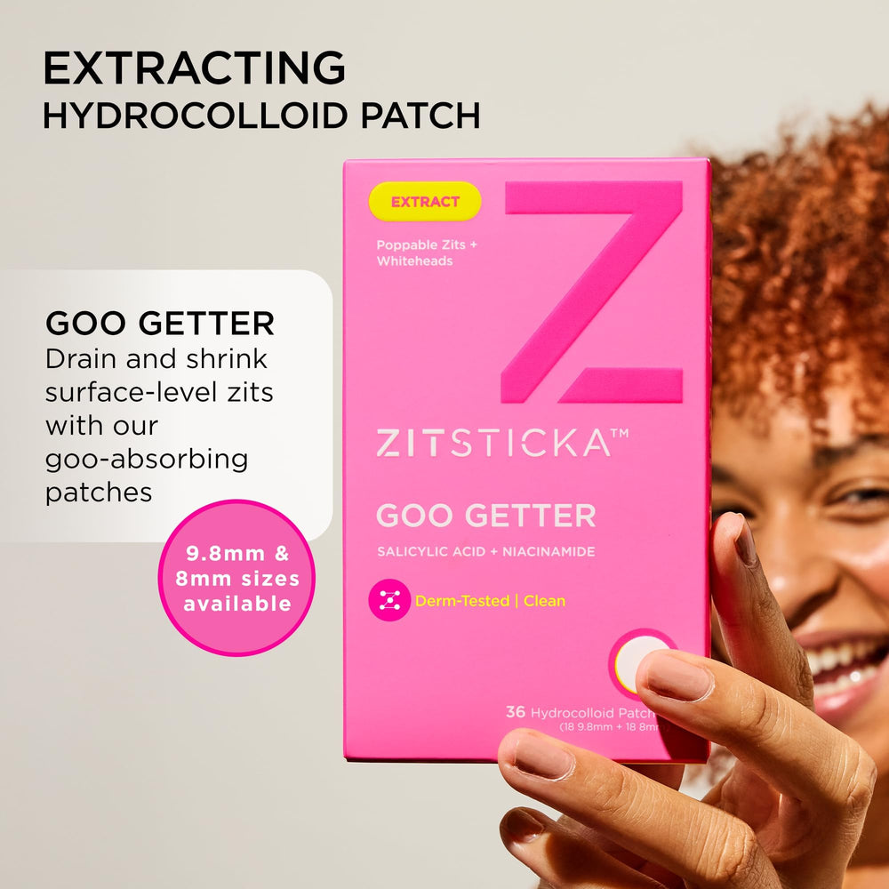 Close-up of ZitSticka GOO GETTER hydrocolloid patch sealing a blemish for moisture control.