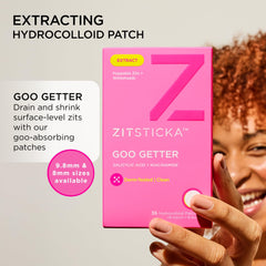 Close-up of ZitSticka GOO GETTER hydrocolloid patch sealing a blemish for moisture control.