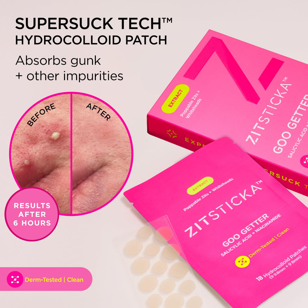 ZitSticka Goo Getter patch infused with niacinamide and salicylic acid for blemish care.