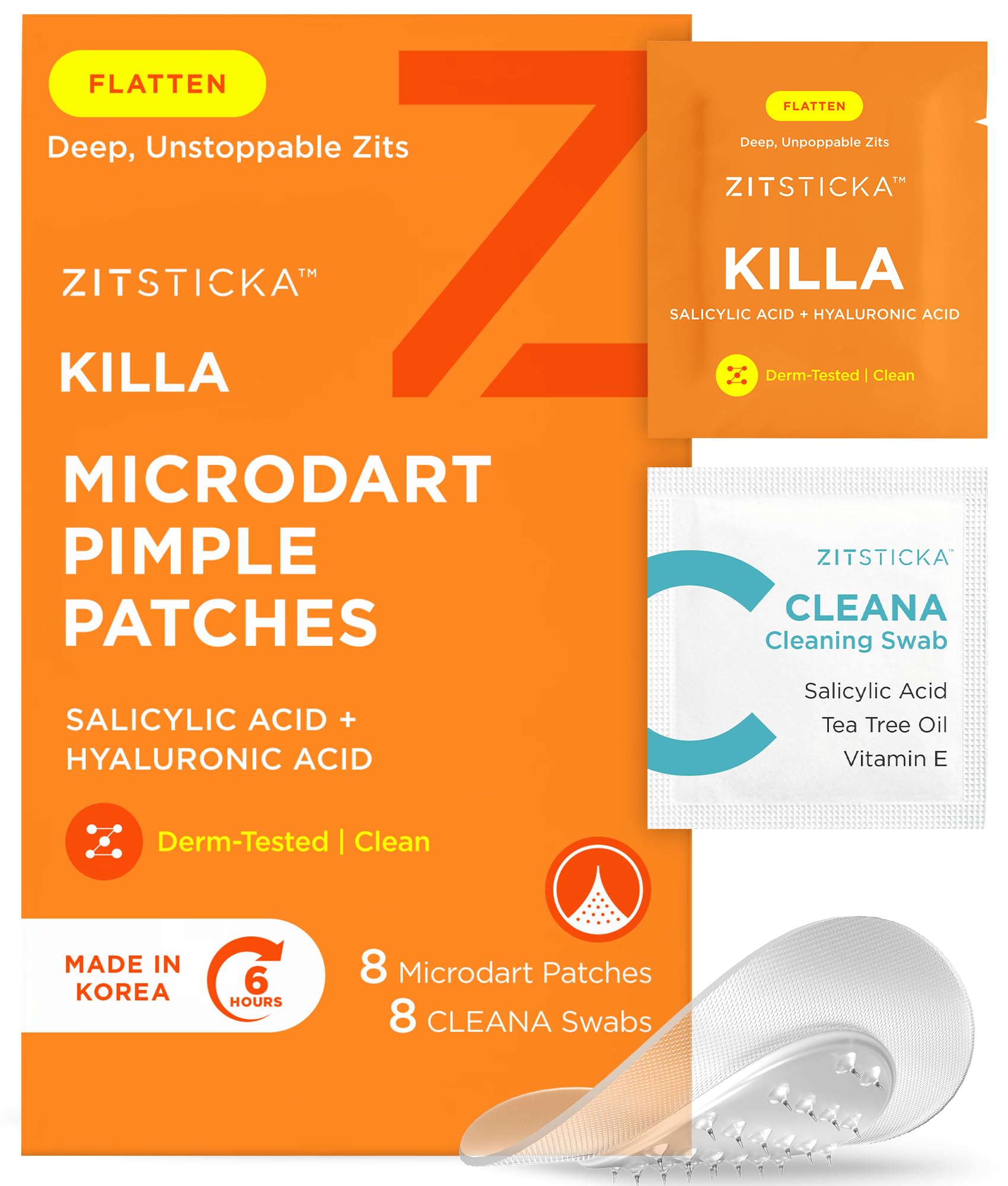 ZitSticka KILLA patch on the face targets emerging zits with microdarts for early-stage blemishes.