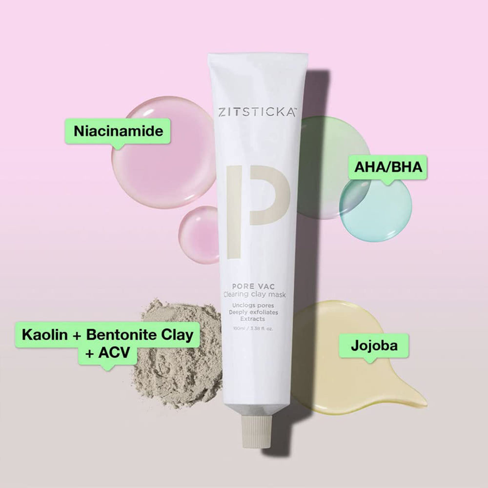 ZitSticka PORE VAC bottle and ingredients highlight active acids.