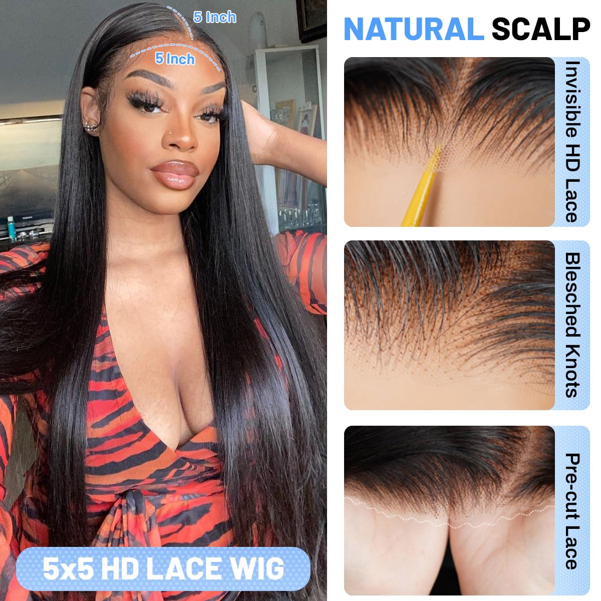 ZIYGBK 5x5 HD lace closure closeup showing natural part and invisible hairline.