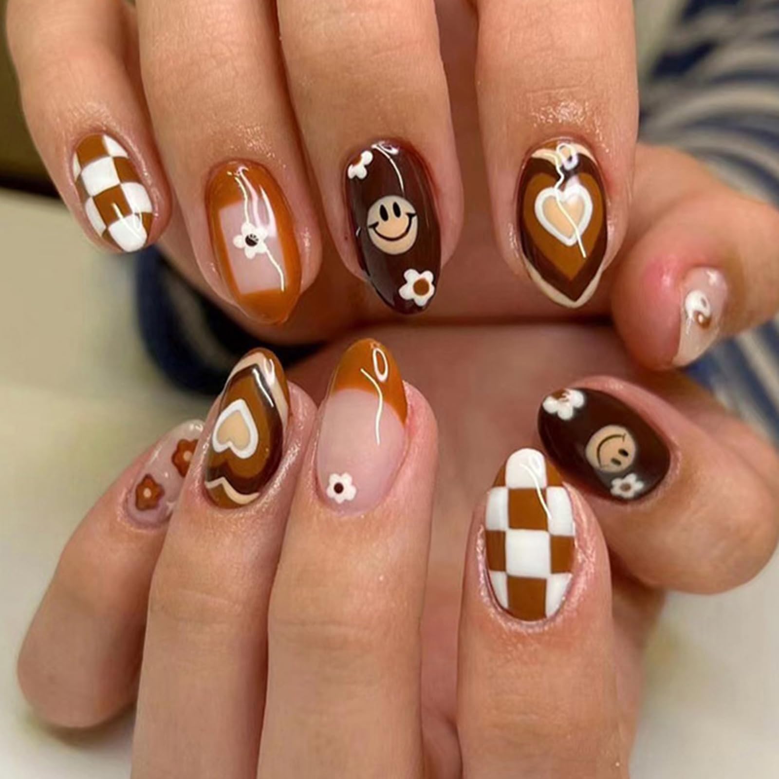 ZJHGDR brown flowers hearts short almond nails for chic autumn style.
