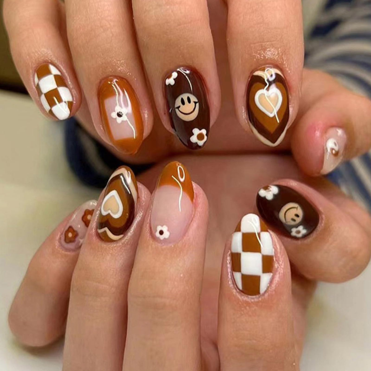 ZJHGDR brown flowers hearts short almond nails for chic autumn style.