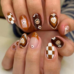 ZJHGDR brown flowers hearts short almond nails for chic autumn style.