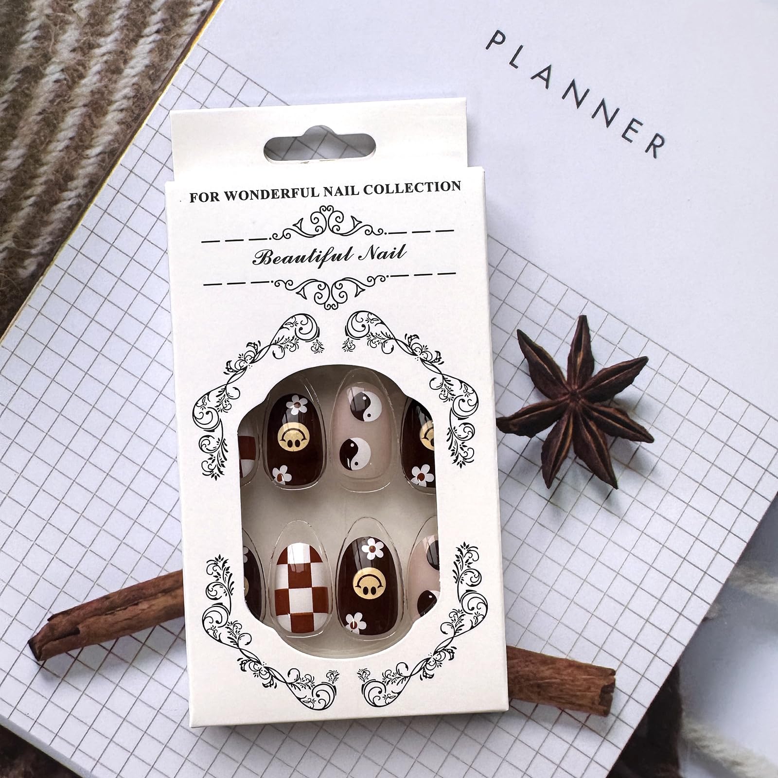 ZJHGDR brown French tip nails with floral accents for daily elegance.