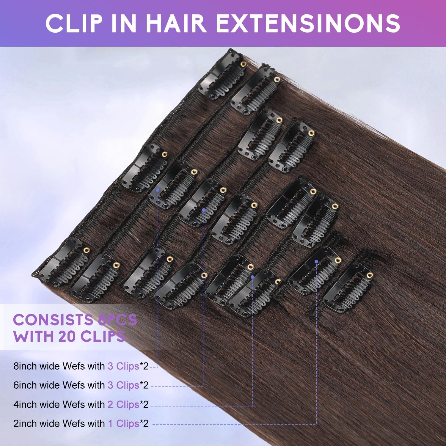 ZNXDJXE 20-inch dark brown clip-in extensions for dramatic styling